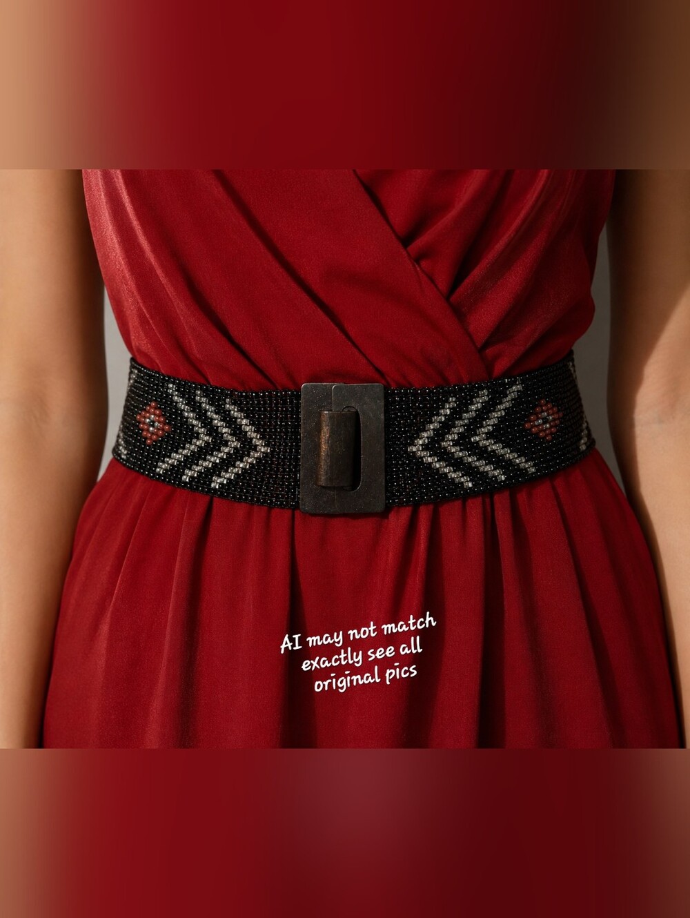 1990s Black Beaded Stretch Wrap Waist Belt With Wooden Closure Buckle